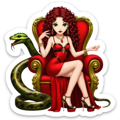 Lilith green eyes, symbol seductress evil brown curly long hair haired, sexy succubus woman with red and black Chanel dress on. A red and black stiletto platform high heel shoes on. sitting on a Black and gold throne. A giant snake sitting beside her. Red rubies and black diamonds surround them both sticker