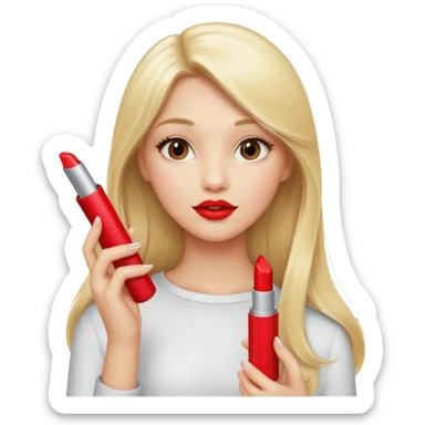 a girl with blonde long hair is holding lipstick on her hand  sticker