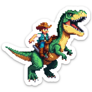 cowboy sliding down the back of a t-rex, dynamic action pose sticker