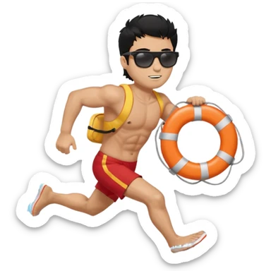 Dark Tan Muscular lifeguard with messy black hair with sunglasses running with life preserver sticker