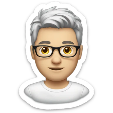 young white European guy with a white polo and black hairs and metal glasses sticker