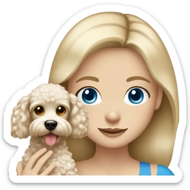 Blonde girl with blue eyes holding poodle with brown and white hair sticker
