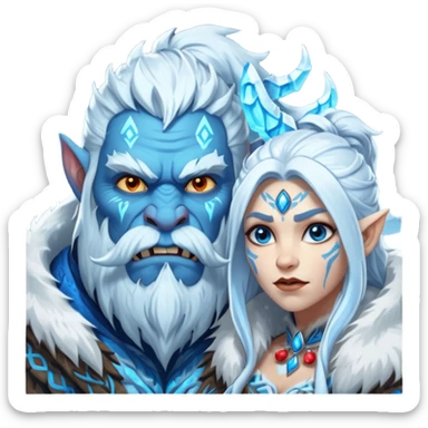 Legendary fantasy orc Christmas portrait icon, Frostfather and Snow Maiden inspired, primal winter god style, massive icy beard, glowing blue eyes, heavy fur coat, tribal frost runes, powerful brutal presence, blizzard atmosphere, clean stylized emoji icon
 sticker
