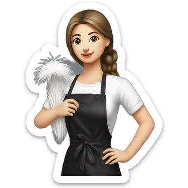 Slavic girl in a white T-shirt and a black apron holds ostrich feathers for dusting sticker