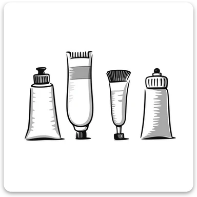 Set of artist's paint tubes with different sizes and caps. Some tubes are squeezed in the middle. Using specific pastel colors (dd9fb0, ffc6d3, a3bfc9, c4bee2, f1b091). Hand-drawn doodle style with intricate details. Transparent background. sticker