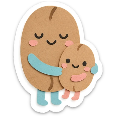 kawaii coffee bean character family, big bean hugging small bean, soft pastel colors, full body sticker
