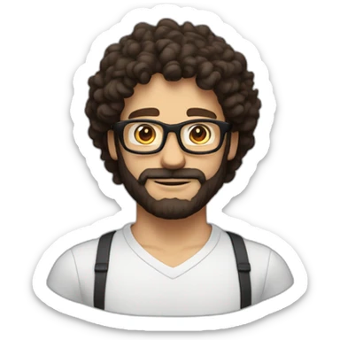 White man with brown eyes and dark curly hair with glasses and a beard like mario bros sticker