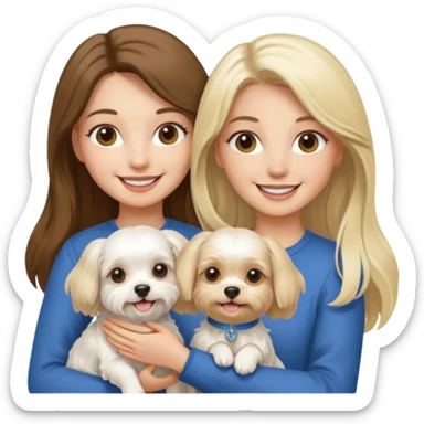 two women holding one Maltese dog one is brunette the other is blonde long haired  sticker