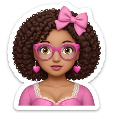 medium skinned afro-latina girl with medium length chocolate brown side part curly hair, brown eyes, pink sweetheart necklined top with lace, round wide-ish nose, chubby long shaped face, pink bow, brown glasses sticker