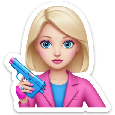 White Girl hand pink nails holding pink gun with blue eyes sticker