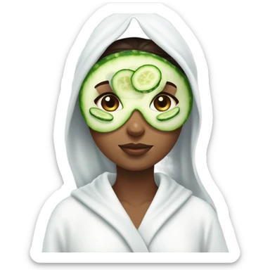 Girl with freackles Brown hair white skin and blue eyes wears Green colored  skin care mask while She relaxes and two round piece cucumber on her closed eyes In a white Robe sticker