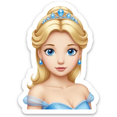 Cinematic Realistic Comical Cinderella Portrait, with every detail rendered realistically—from the soft, smooth texture of her fair skin to her artfully styled golden-blonde hair. Her bright blue eyes are wide with playful disbelief, and her expression carries a touch of whimsical humor while retaining elegant poise. Her classic ball gown, detailed with rich fabric textures and natural shadows, catches the light in a way that blends refined beauty with a hint of cheeky mischief, creating a striking, lifelike portrayal. sticker