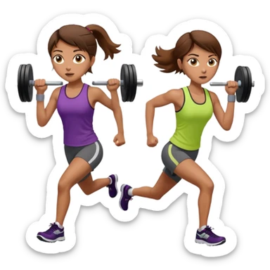 two women, one running and one lifting weights. brown hair, olive skin, hazel eyes. sticker