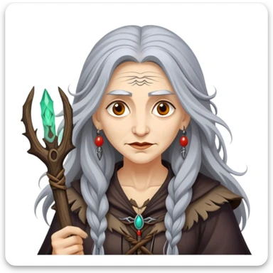 Baba Yaga sorceress woman with long wild hair, forest background sticker