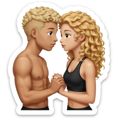 athletic man, high top fade, blonde curly hair only top only, no shirt and Athletic girl with long light RED wavy long hair and black sports, Put them together kissing, or holding hands give the girl red hair  sticker