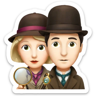 A vibrant, colorful collage featuring iconic characters like Sherlock Holmes with his magnifying glass, Miss Marple with a calm expression, and Pinkerton. The design should evoke mystery and intrigue, with elements like clues, shadows, and old-fashioned detective tools. Transparent background. sticker