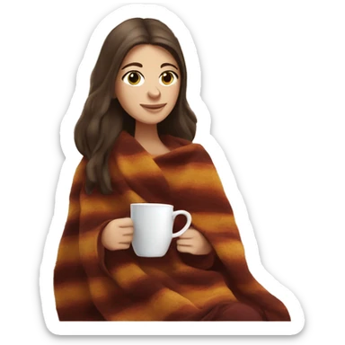 Brunette white girl covered in blanket autumn vibe sitting on a cozy chair holding coffee, window on the background sticker