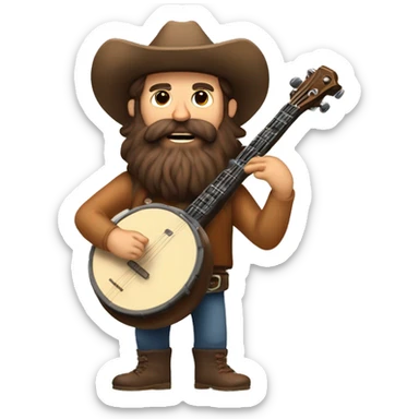 Burleigh man with long brown hair and a big brown beard playing the banjo looking like a rugged mountain man sticker