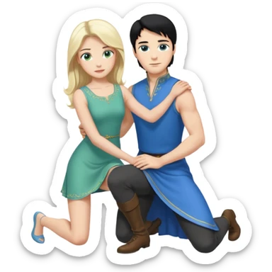 prince, upright, black Hair, blue eyes, blue garment,  Woman, blonde Hair, Green eyes, bending knee, sleveless, white Dress, sticker