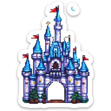 Disneyland Castle pixel art style, night scene sticker