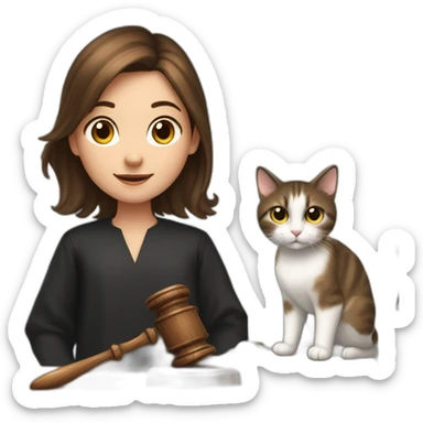 a young girl with brown hair grabbing a Gavel like a judge, and with two cats behind her, one black and the other one snowshoe sticker