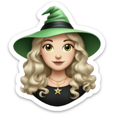 Witchy brunette haired green eyed lightly freckled white girl with a witty smile a gold necklace and a black witch hat with a baby pink bow sticker