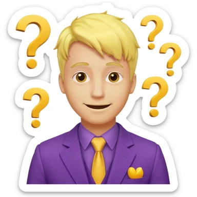 make his skin and hair yellow, he's smirking and looking in the left corner, add question marks abobe his head sticker