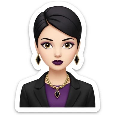 “Emoji girl, sculpted contour, bold dark lipstick, defined brows, sharp eyeliner, sleek black hair updo, statement necklace, black blazer.” sticker