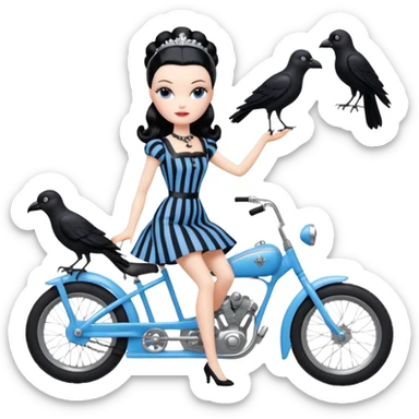 1920s coal hair hotrod Silkstone Marie Antoinette Barbie Wednesday Addams from academy in a blue and black vertically-striped classic dress. riding hot rod bikes with crows sticker