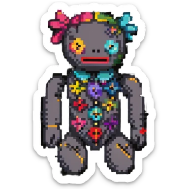 A colorful pixelated voodoo doll with bright fabric patches in different colors, button eyes, and colorful pins sticker