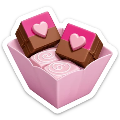 Two square milk chocolate 2 pralines only, Each praline is a sharp-edged cube with smooth glossy chocolate coating, placed in a small white fluted paper candy cup. On top of each cube is a flat pastel pink heart-shaped icing, thin and smooth, slightly translucent, with fine sugar crystal sparkle. sticker