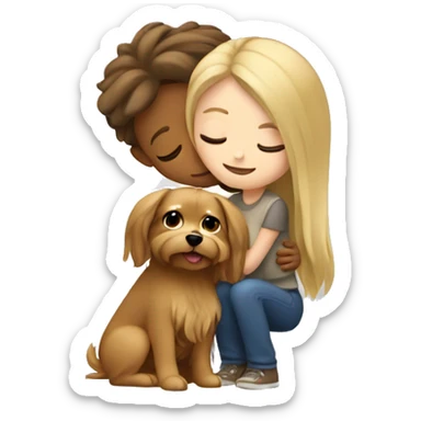 A blonde girl hugging a small Yorkshire dog with brown long hair  sticker