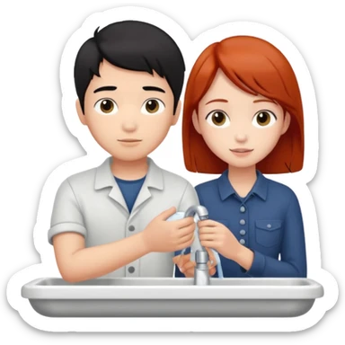 asian black haired boy fixes sink for redhead girlfriend sticker