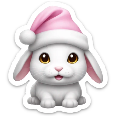 A white little cute bunny wearing a little cute pastel pink Christmas hat sticker