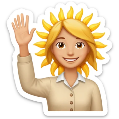 a person waving and saying good morning, sun rising in background, cheerful and friendly sticker