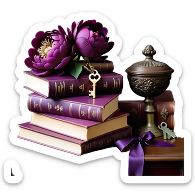 A beautifully arranged stack of mulberry-colored books sits on an antique wooden table, adorned with lush, deep aubergine peonies whose velvety petals spill gently over the edges. Beside them, a delicate love letter, sealed with a wax stamp in rich Tyrian purple, rests gracefully, its edges slightly curled with time. The scene is bathed in warm, golden candlelight, casting soft shadows that enhance the depth of the regal hues. A fine silk ribbon in a matching plum shade winds around the books, securing a tiny, ornate key—perhaps holding the promise of a secret yet to be unveiled. sticker
