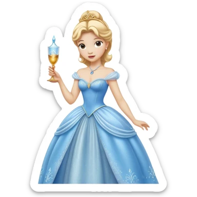Cinematic Realistic Cinderella Portrait, depicted with lifelike skin texture, subtle rosy undertones, and soft natural lighting that enhances the gentle contours of her face. Her intricately detailed golden blonde hair is elegantly styled in an updo, with delicate wisps framing her face. Her deep, expressive blue eyes radiate warmth and sincerity, reflecting a quiet resilience and grace. She holds a glass slipper gently in one hand, her other hand resting gracefully at her side, emphasizing the timeless beauty of the moment. She is dressed in her iconic ball gown, the fabric shimmering with intricate embroidery and fine translucent layers that catch the light beautifully. The soft sheen of satin gloves adds a magical touch to her graceful pose. The portrait features an enchanting glow with a natural, luminous finish, seamlessly blending realism and fairytale charm to evoke a sense of depth, elegance, and timeless beauty. sticker