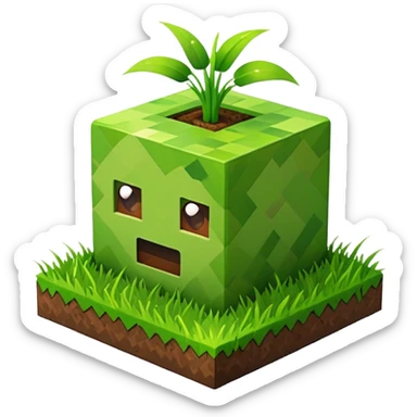 A 3D Apple-style emoji of a Minecraft grass block, cubic shape, with bright green grass on top and brown soil with pixel texture on the sides, simple and cute cartoon design. sticker