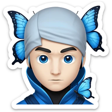 Crea una imagen con estos dos emoji 🥷🏻🦋
él ninja de piel blanca con la mariposa azu posada en el hombro como si estuviera volando. sticker