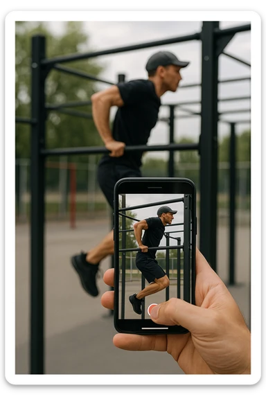 uomo che fa Muscle up e si sta filmando di lato con il telefonino che lo riprende mentre si allena, così da analizzarsi dopo sticker