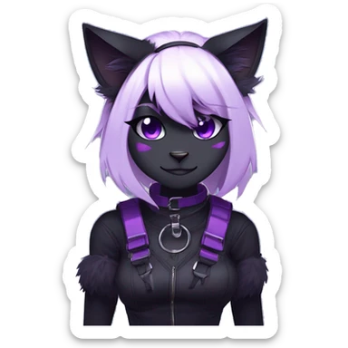 Gorgeous furry gothic dark techwear anime style anthro black cat furry sona Fakemon with blushing face aesthetic and pretty edgy black with violet collar and harness trending style sticker