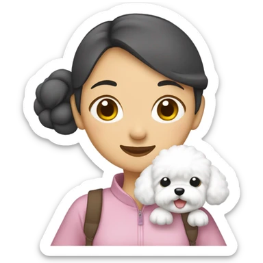 Hair-in-a-bun traveling Asian woman carrying a happy and cute Korean-style bichon frise sticker