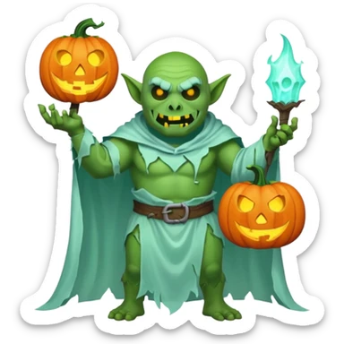 male orc ghost emoji, green skin, tusks, wearing torn white ghost sheet costume, holding glowing jack-o'-lantern, faint blue aura, friendly but spooky expression, Halloween fantasy theme, Apple emoji style, clean white background, square sticker