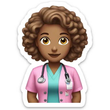 Light skin nurse with brown long curly hair in pink scrubs sticker