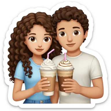 Create an emoji of a brunette girl with long curly hair holding hands with her white boyfriend, both holding a frappe. sticker