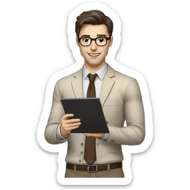 Pale skinned fit man with dark brown hair in gray jacket, beige office shirt, brown tie, brown pants and vintage glasses Writing on the tablet sticker