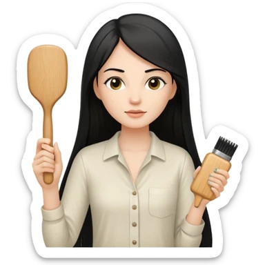 A white woman with long, straight black hair, wearing an ivory-colored shirt, holding a small square wooden paddle hairbrush in her left hand and spraying a hair mist bottle with her right hand toward her hair. sticker