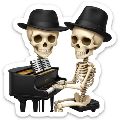 A human skeleton wears a black hat and plays the piano. sticker