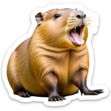 Cinematic Cute Yawning Capybara Portrait Emoji, Head tilted slightly with a dramatic, wide-open yawn, showcasing a plush, rotund body with a gently relaxed capybara face, including a short snout and subtly drooping ears, with drowsy, half-closed eyes rendered in exquisite detail; high shine, relaxed yet expressive, styled with a dash of playful natural charm, soft glowing outline, capturing the essence of a sleepy yet affectionate capybara that appears ready to stretch out for a peaceful nap! sticker