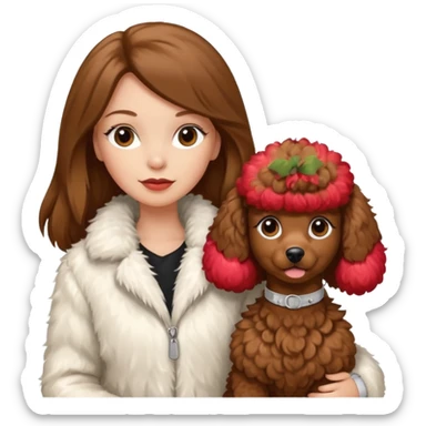 A white girl with a long brown straight hair and wearing a fur white jacket holds a brown poodle sticker